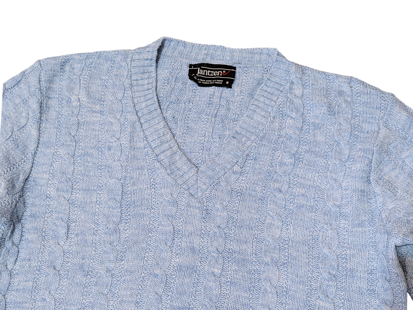 Jantzens Vintage Baby Blue Cable Knit V-Neck Sweater Small