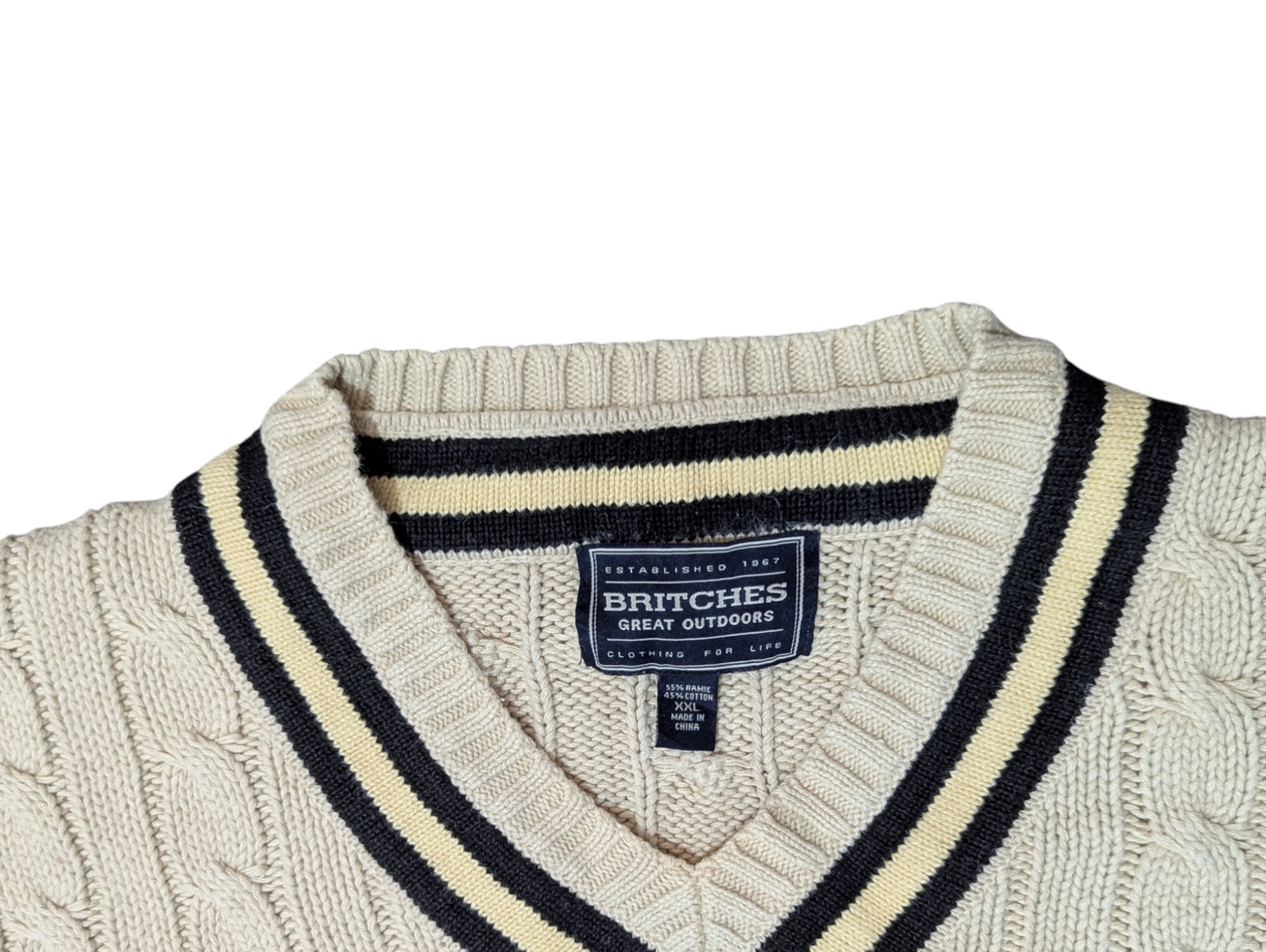 Britches Vintage Sand V-Neck Cable Preppy Knit Jumper XXL