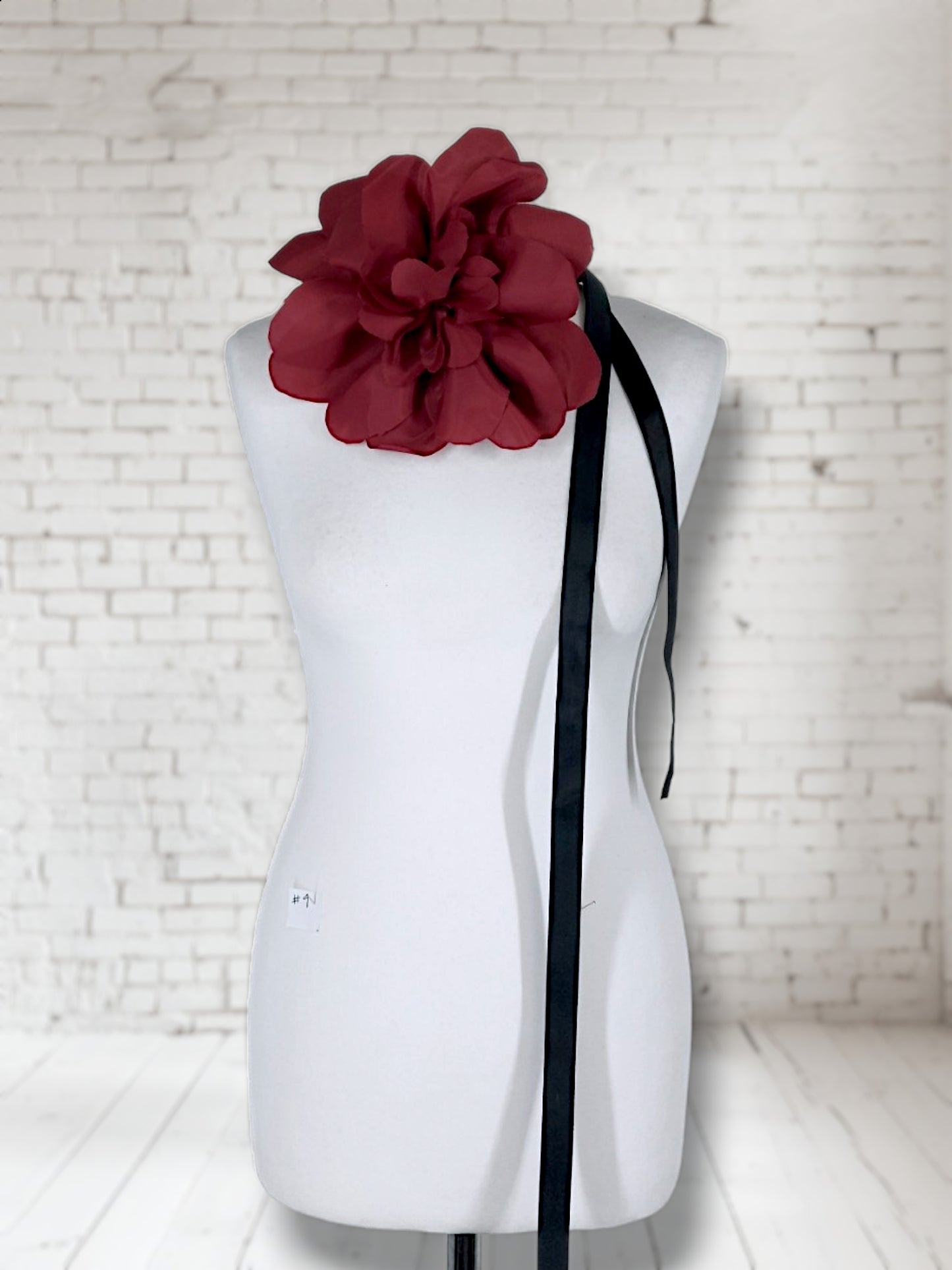 8.5" Red Flower Corsage with Black Ribbon and removable Hair Slide Handmade Recycled Material, Hair Slide
