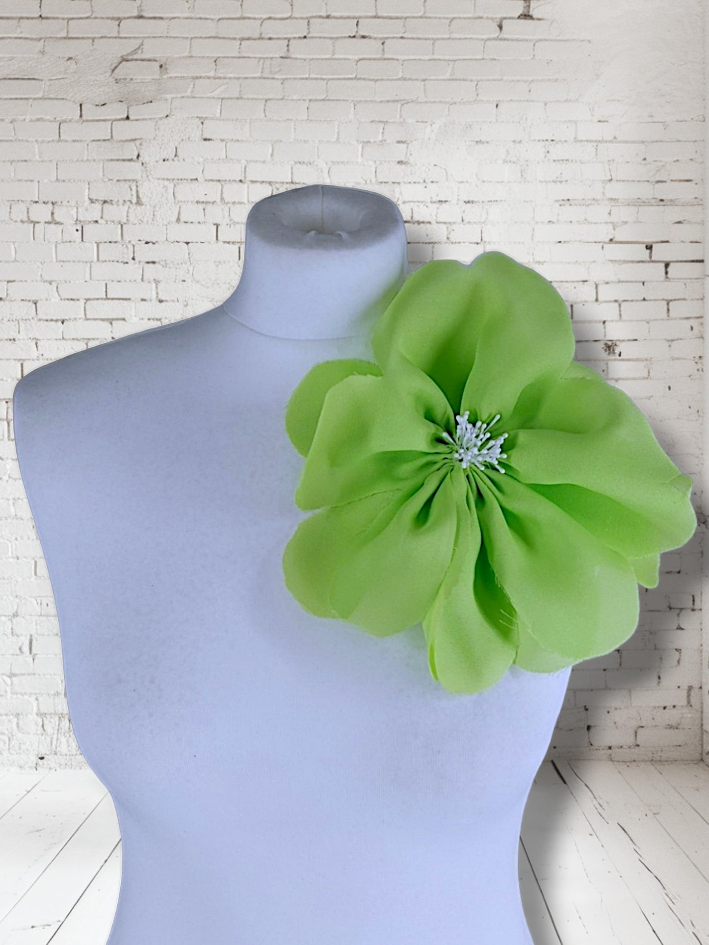 8.5" Lime Green Flower Corsage Handmade Recycled Material, Hair Slide