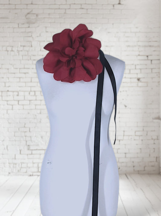 8.5" Red Flower Corsage with Black Ribbon and removable Hair Slide Handmade Recycled Material, Hair Slide
