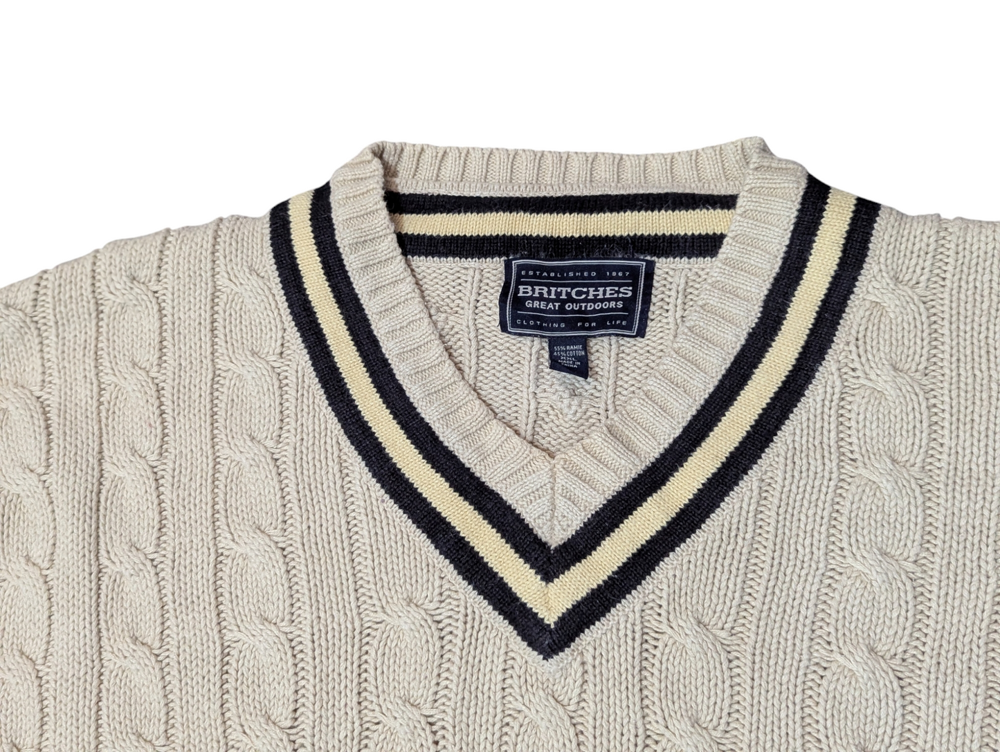 Britches Vintage Sand V-Neck Cable Preppy Knit Jumper XXL