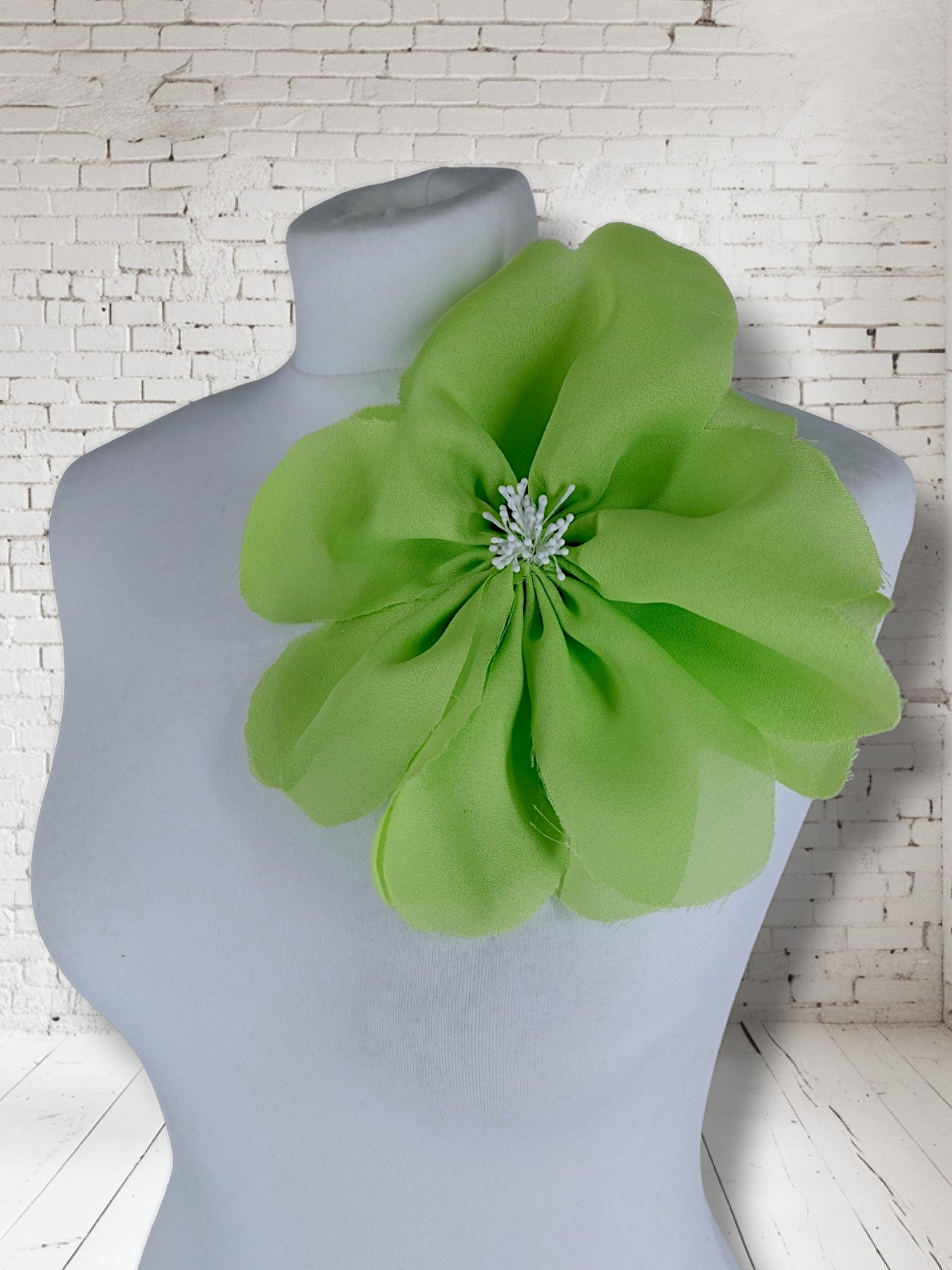 8.5" Lime Green Flower Corsage Handmade Recycled Material, Hair Slide