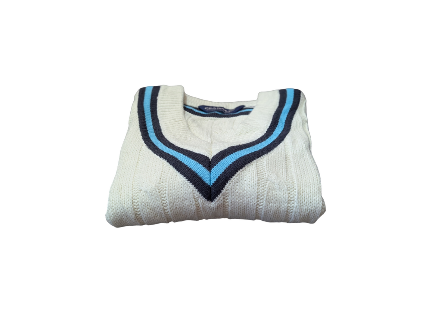 Fearnley Vintage Preppy Cable Knit Jumper V-Neck with Blue and Navy Trim Small