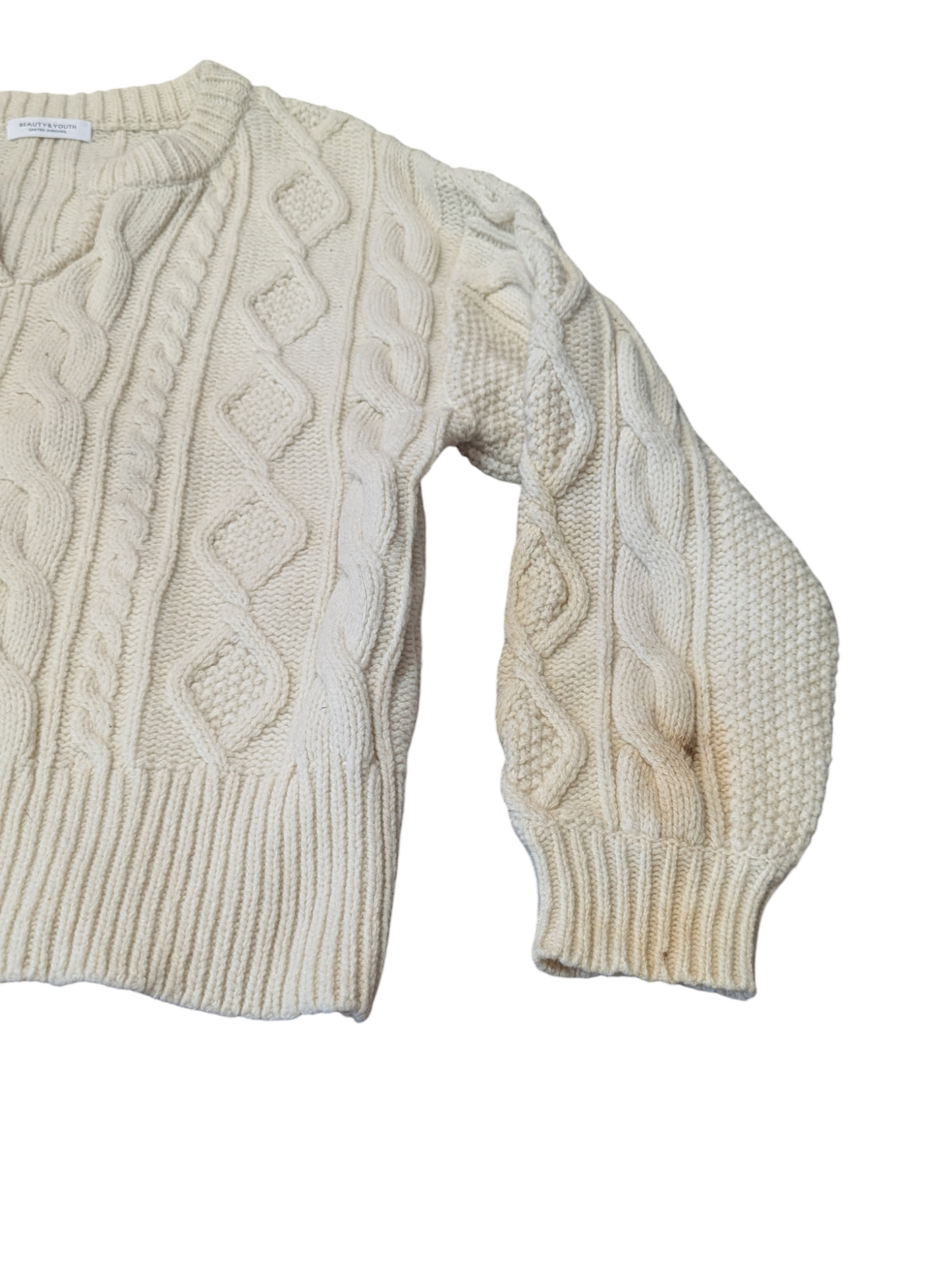 Beauty & Youth Cream Split Crew Neck Cable Knit Jumper Medium