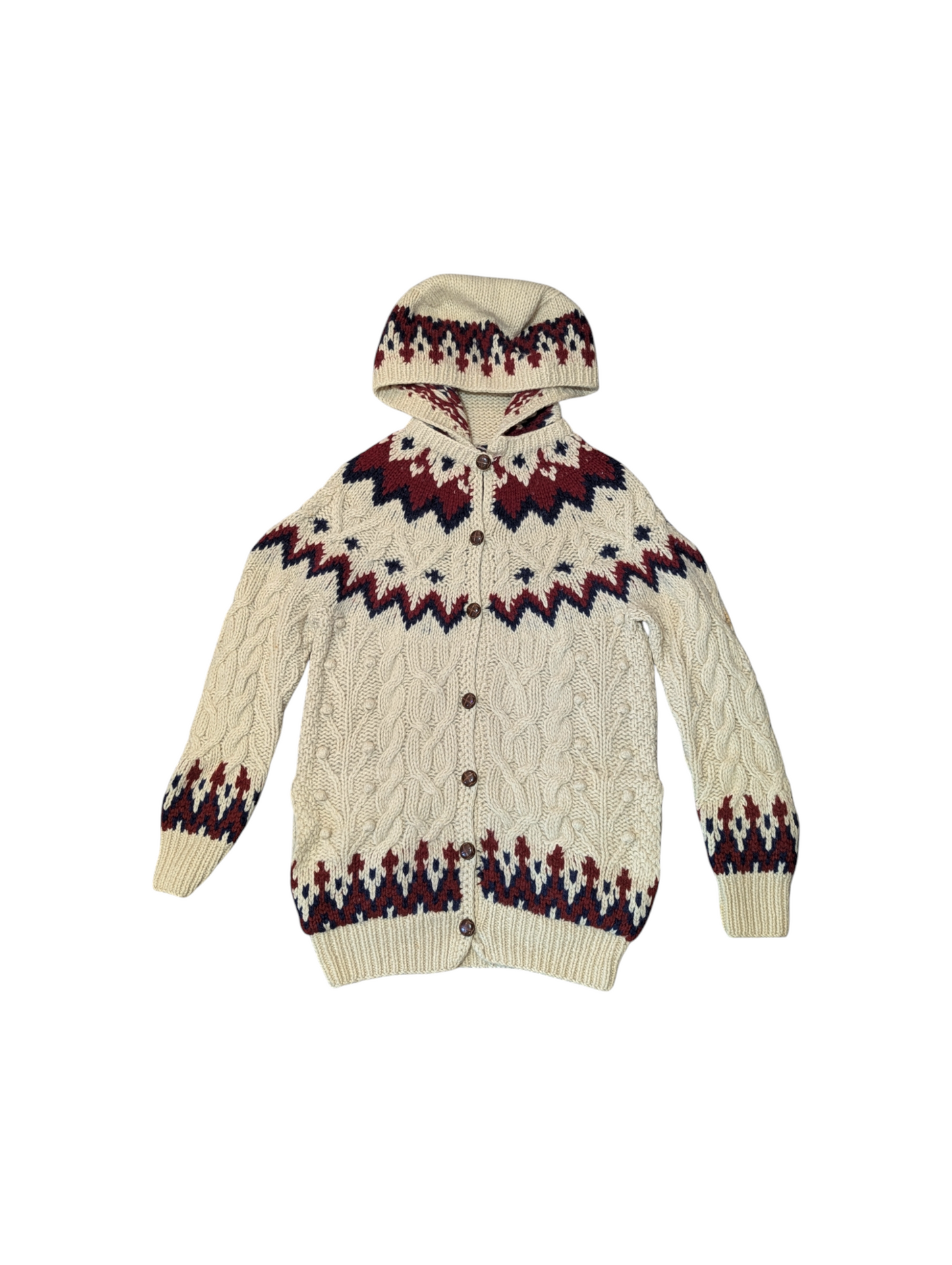 Nordic Vintage Cable Knit Hooded Cardigan Small