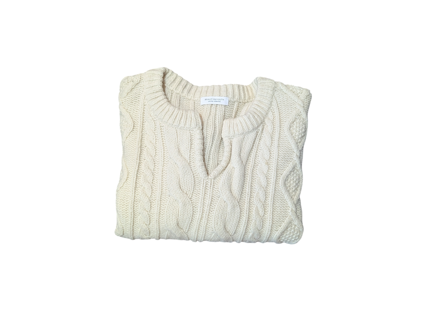 Beauty & Youth Cream Split Crew Neck Cable Knit Jumper Medium