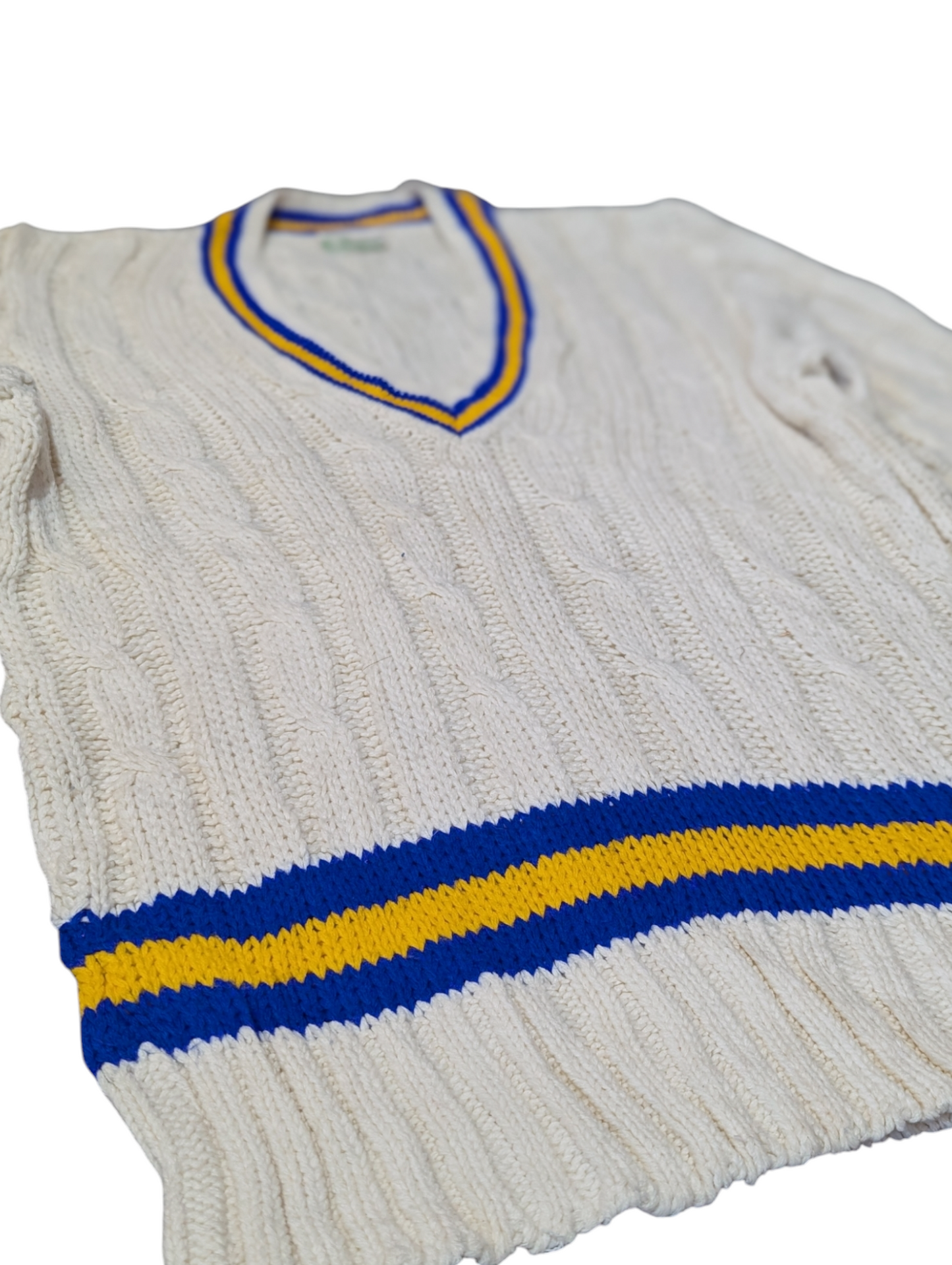 Lily Whites Vintage Preppy Cable Knit Jumper V-Neck with Blue and Yellow Trim Medium