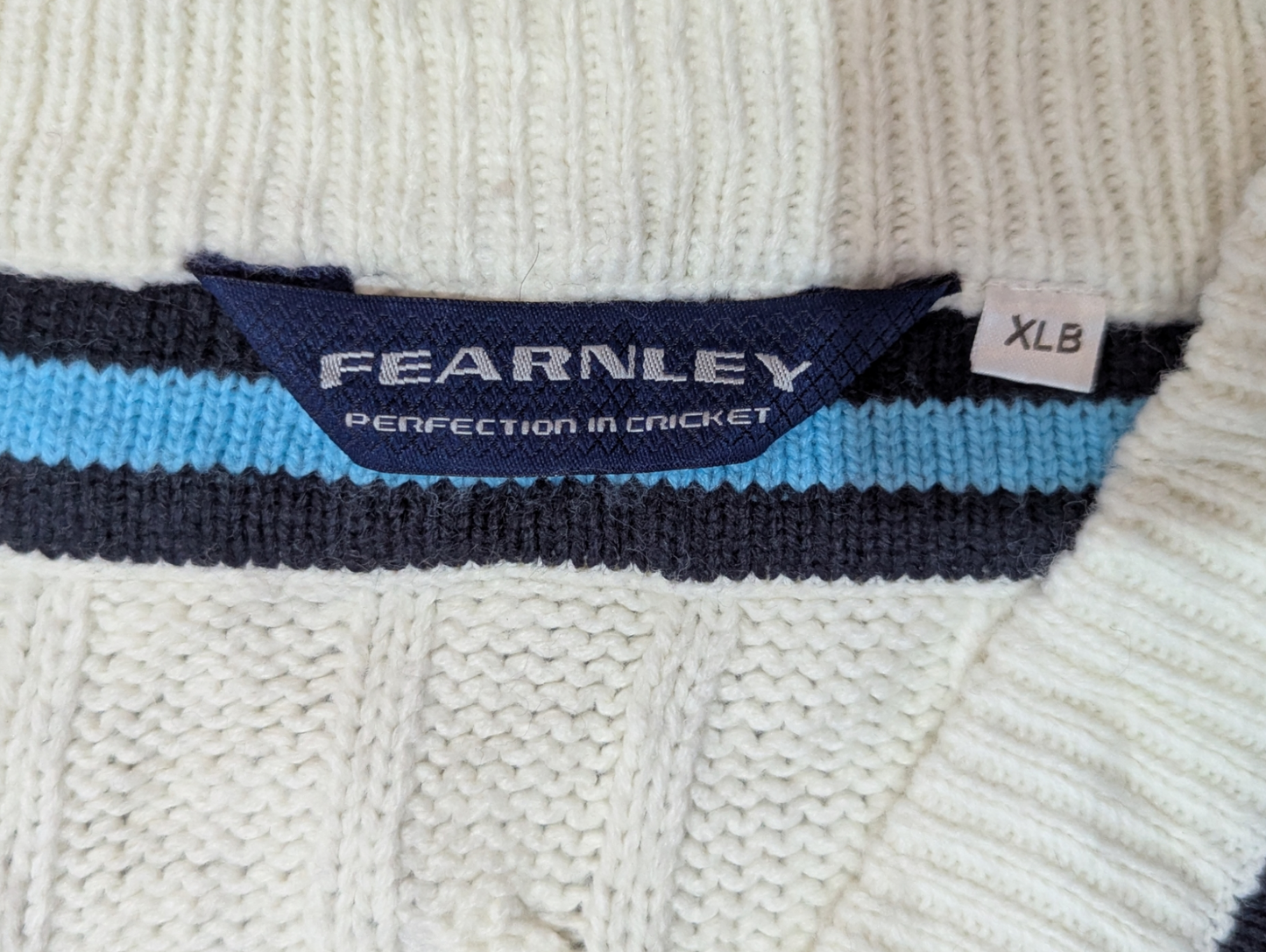 Fearnley Vintage Preppy Cable Knit Jumper V-Neck with Blue and Navy Trim Small