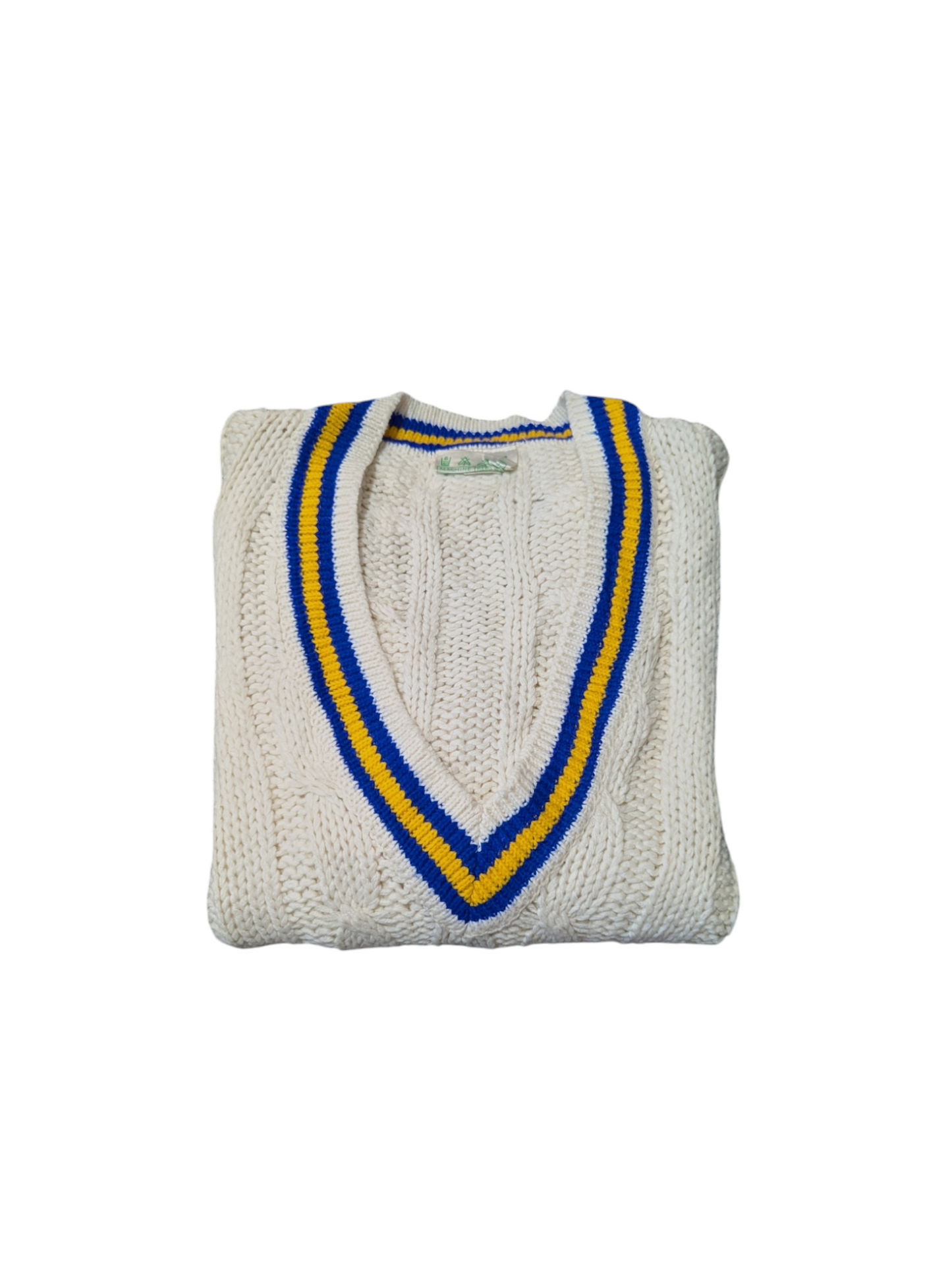 Lily Whites Vintage Preppy Cable Knit Jumper V-Neck with Blue and Yellow Trim Medium