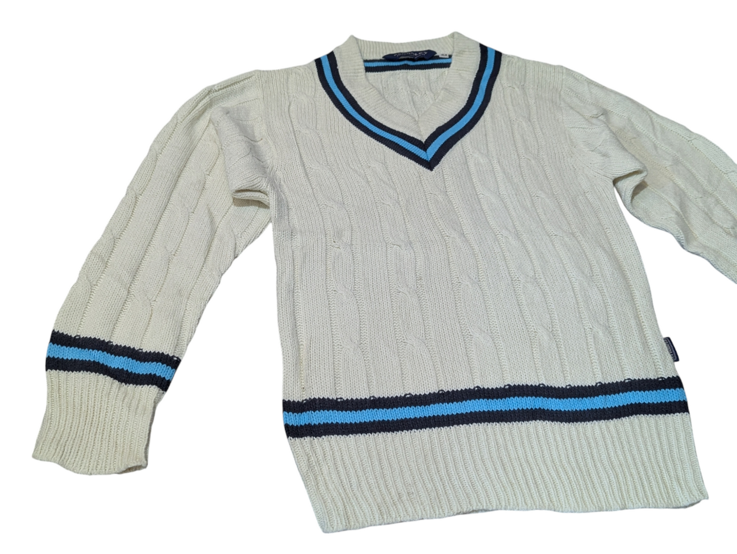 Fearnley Vintage Preppy Cable Knit Jumper V-Neck with Blue and Navy Trim Small