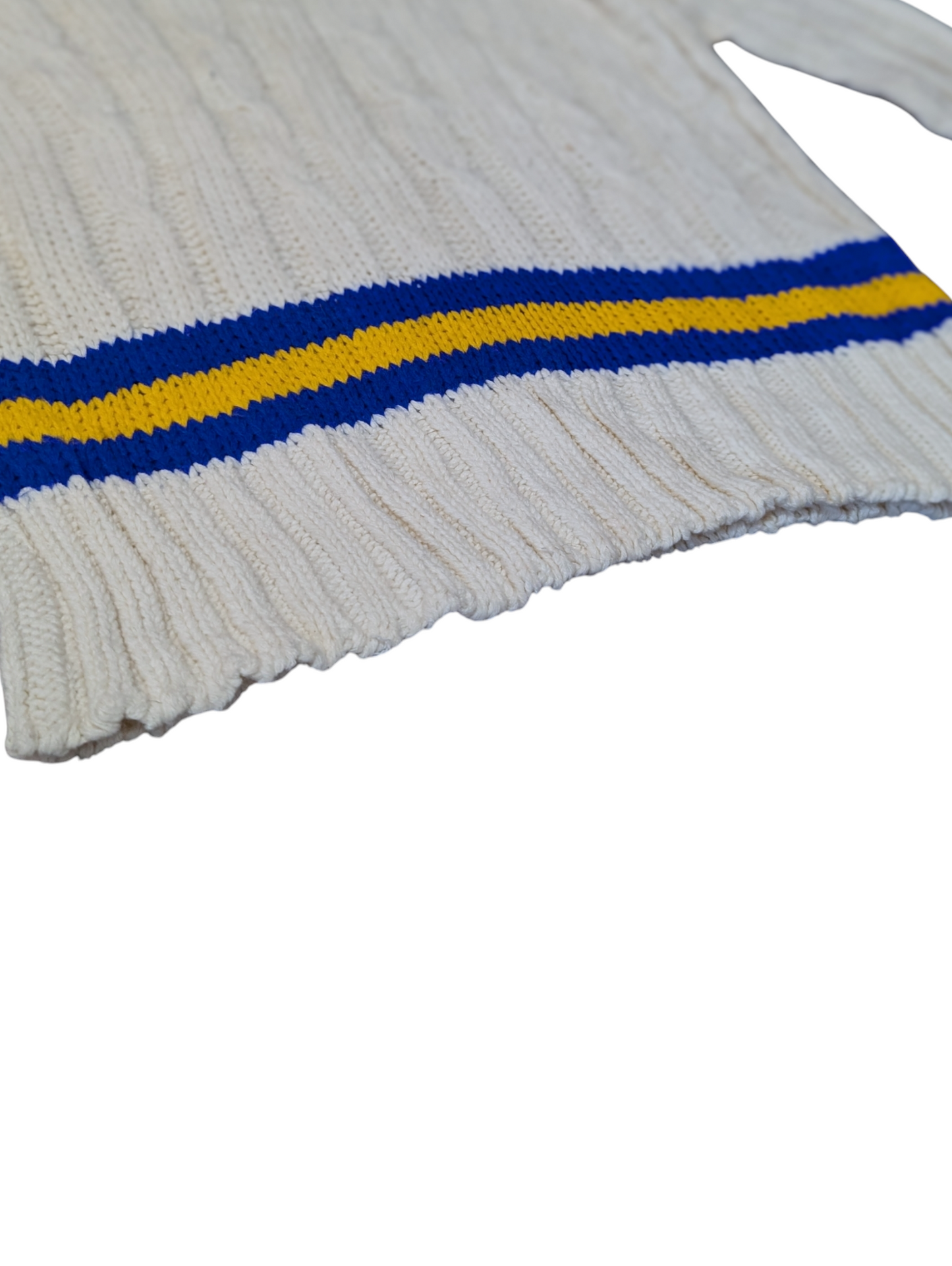 Lily Whites Vintage Preppy Cable Knit Jumper V-Neck with Blue and Yellow Trim Medium