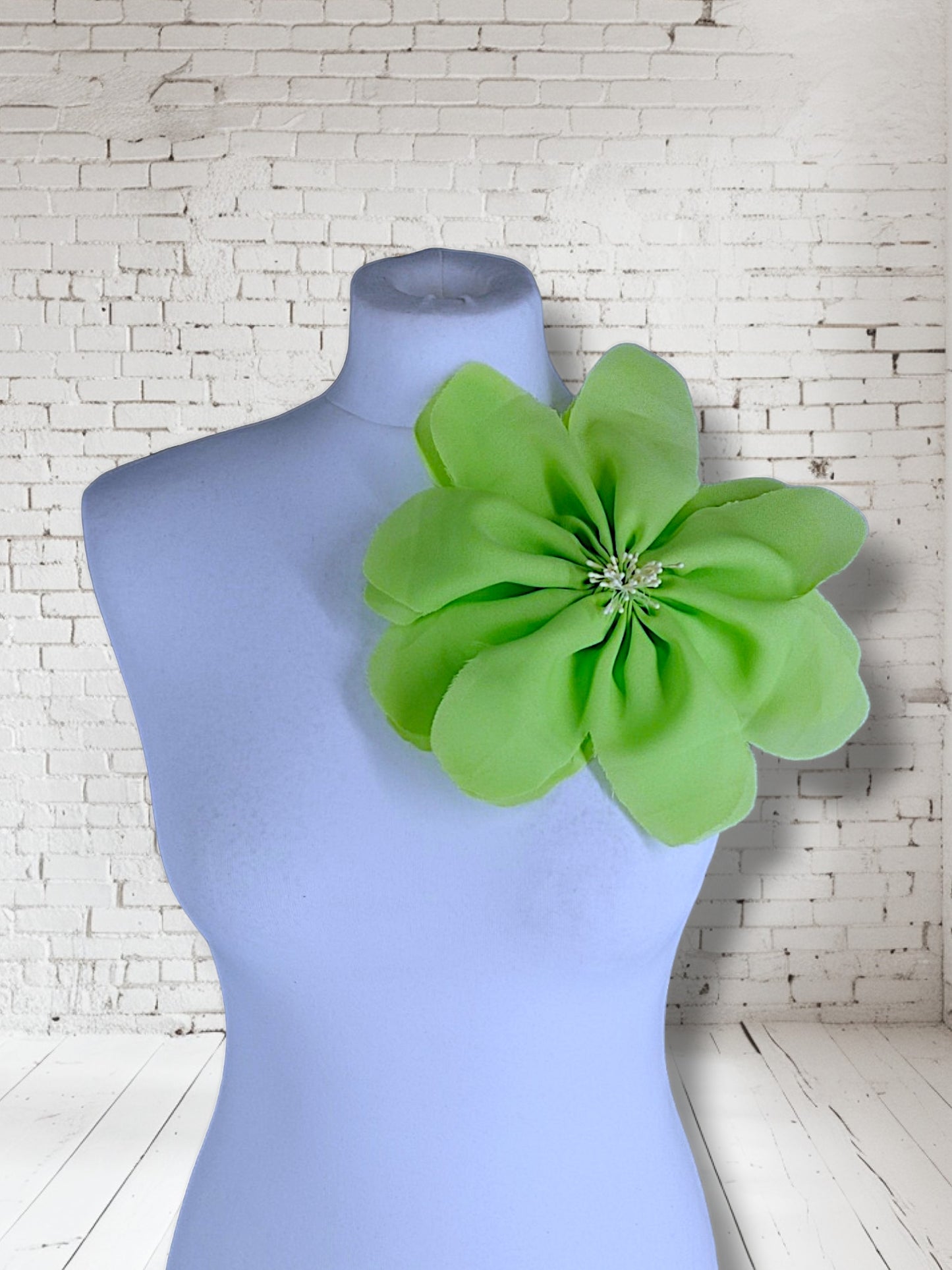 8.5" Lime Green Flower Corsage Handmade Recycled Material, Hair Slide