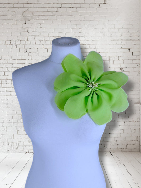 8.5" Lime Green Flower Corsage Handmade Recycled Material, Hair Slide