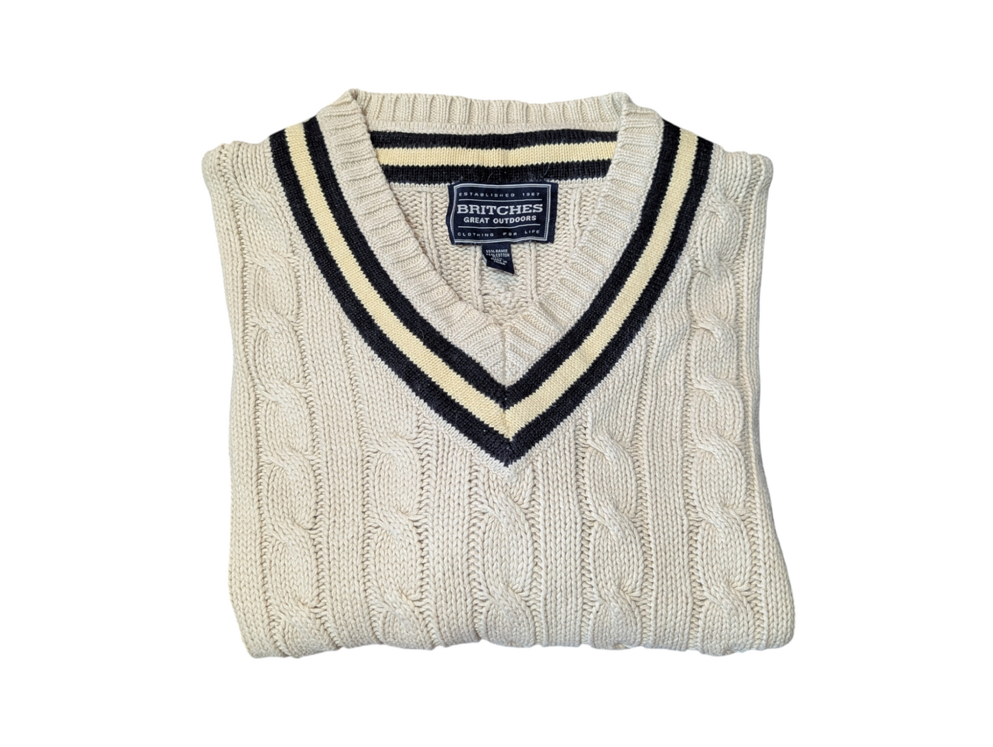Britches Vintage Sand V-Neck Cable Preppy Knit Jumper XXL