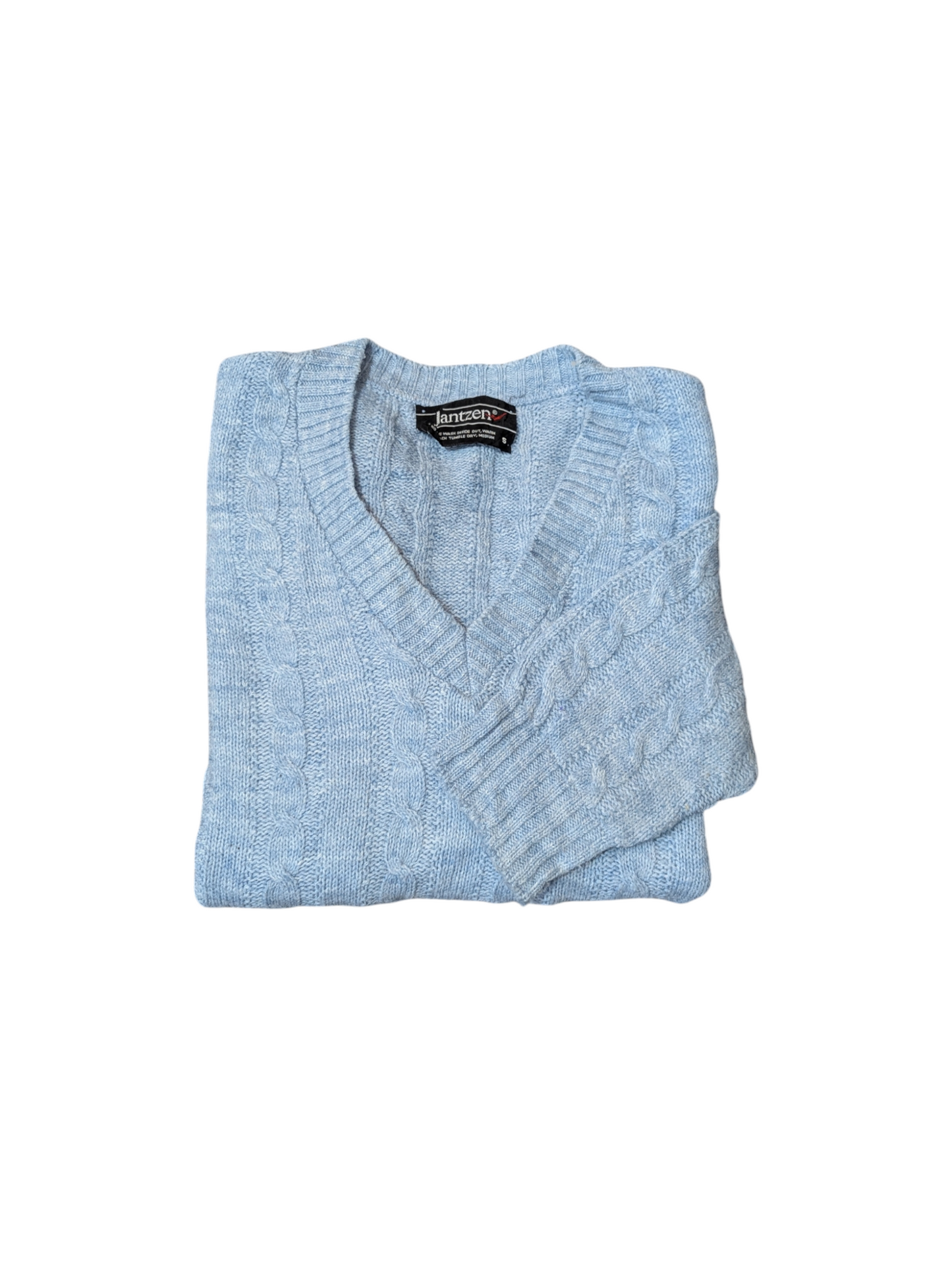 Jantzens Vintage Baby Blue Cable Knit V-Neck Sweater Small