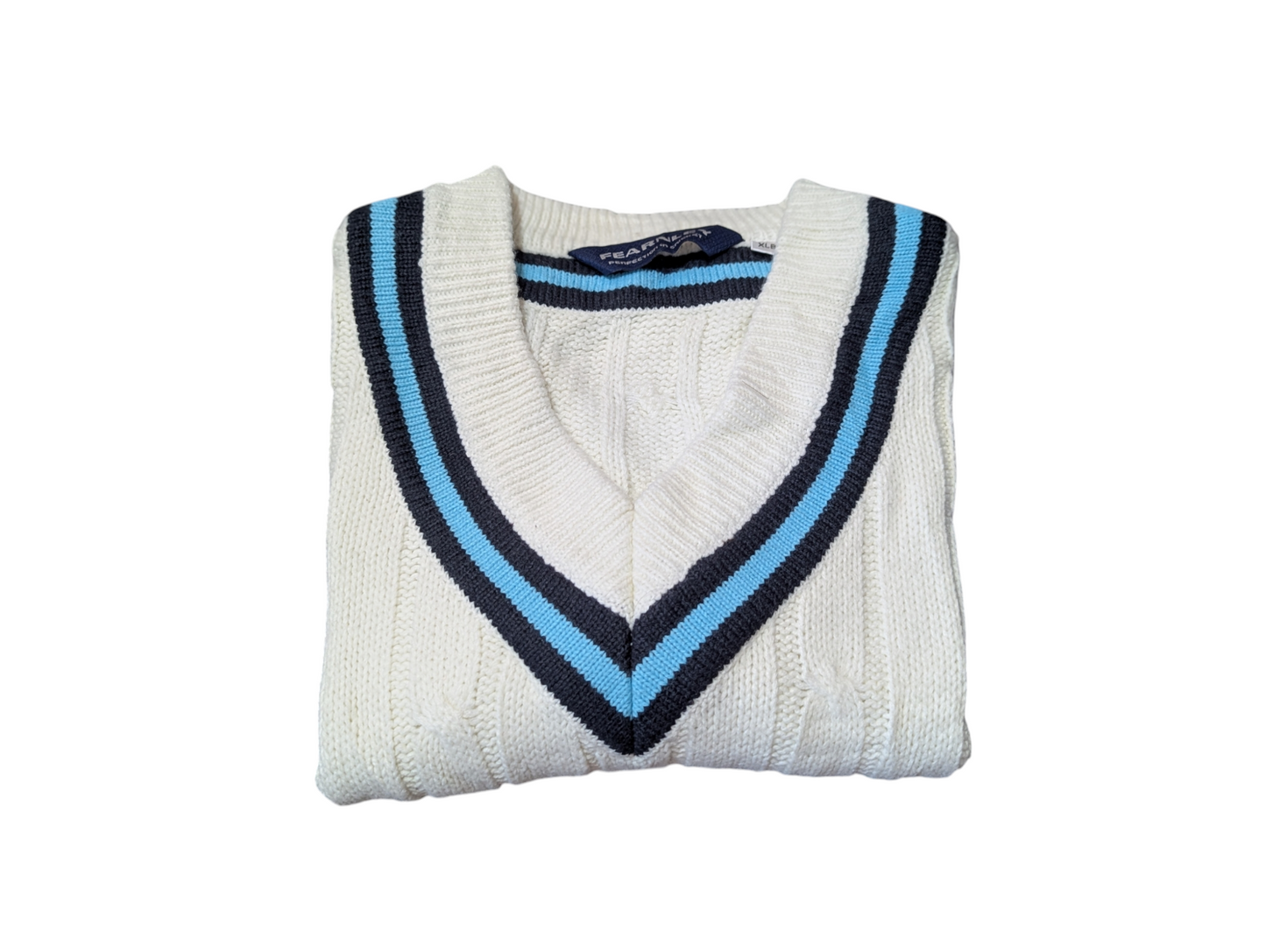 Fearnley Vintage Preppy Cable Knit Jumper V-Neck with Blue and Navy Trim Small
