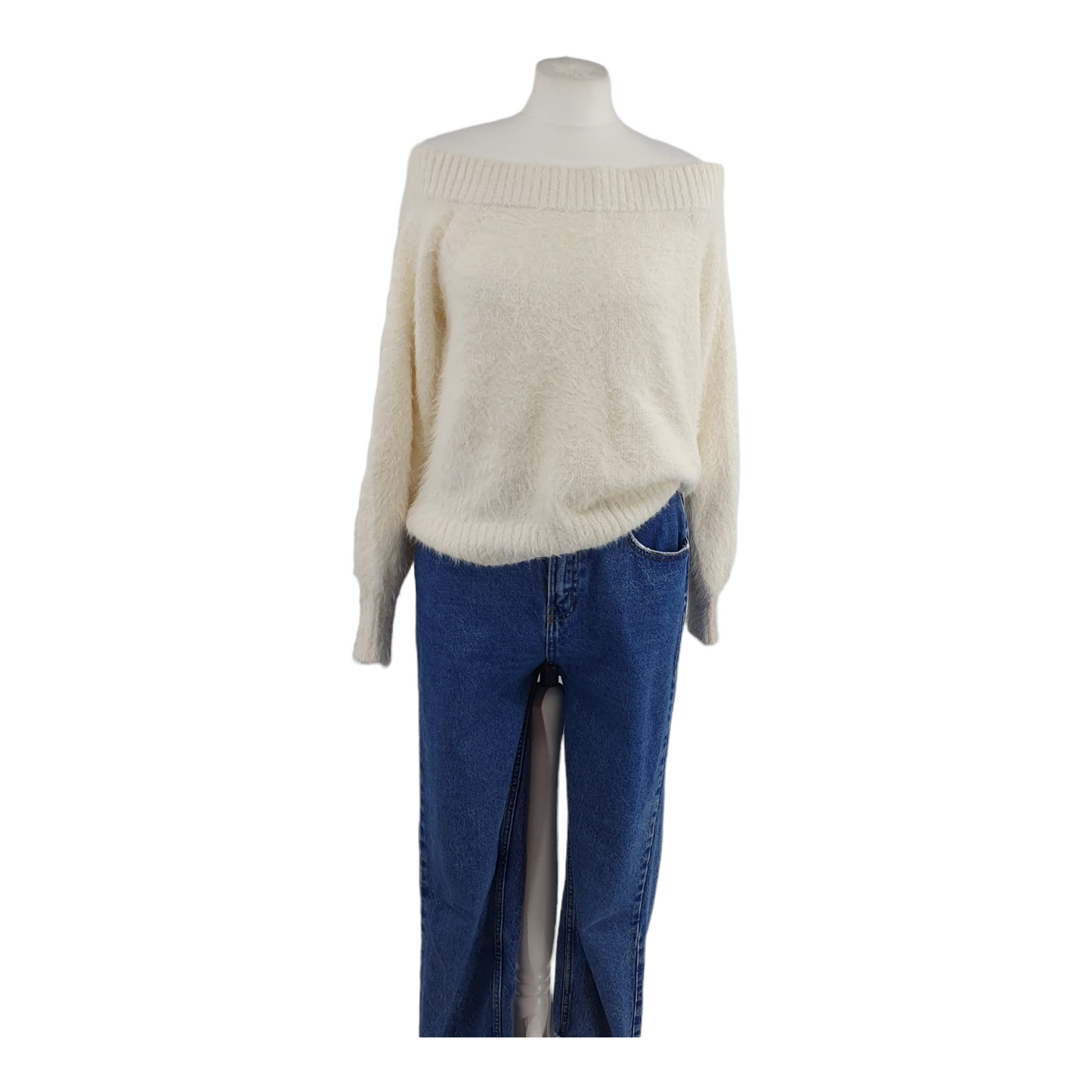 White Fluffy Crop Off Shoulder Knit - UK 12 Medium