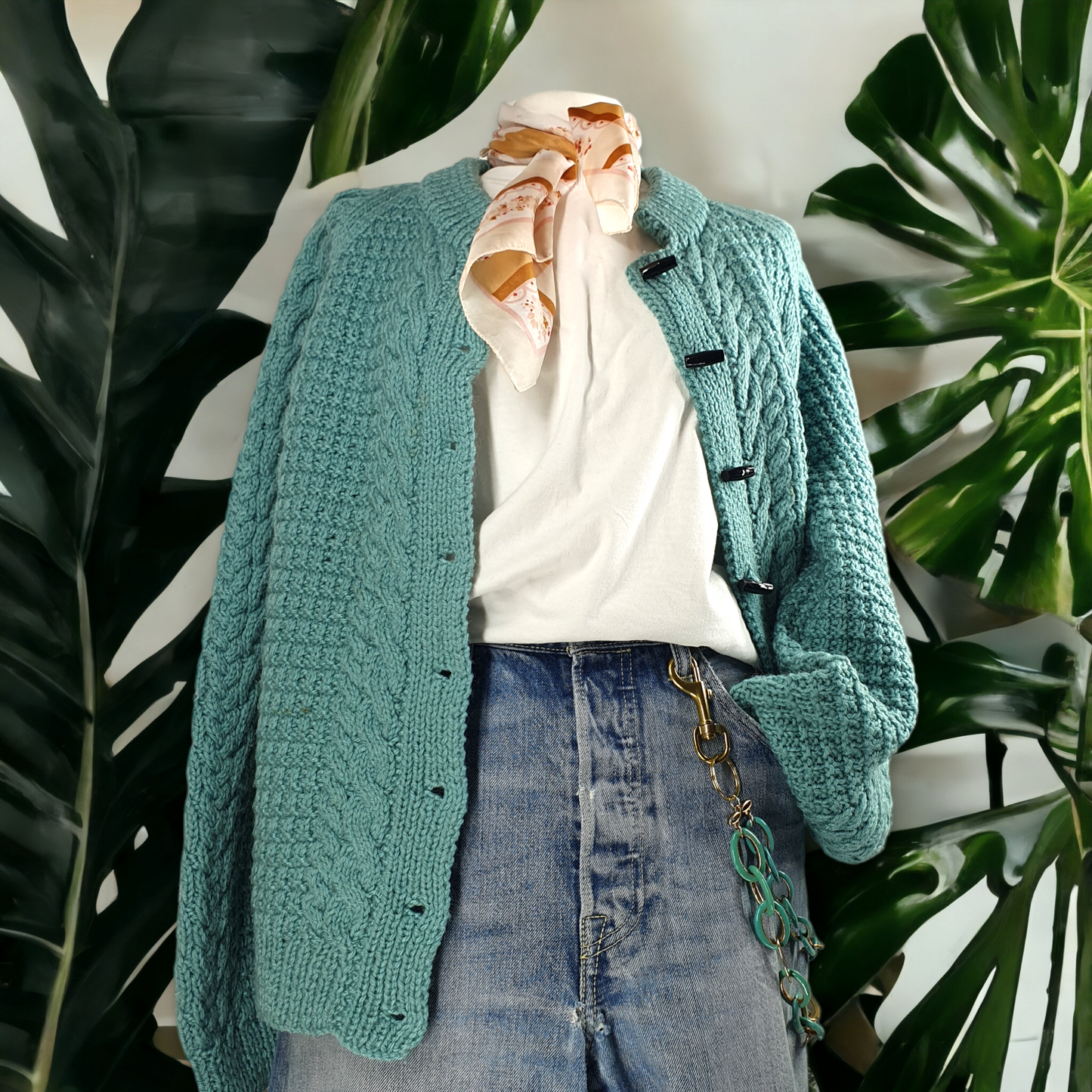 Handmade knitted cable knit Teal Cardigan - S/M 42"