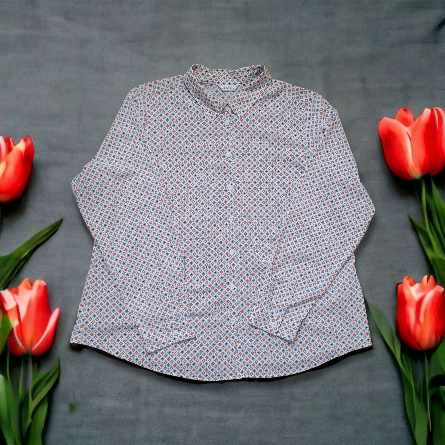 Vintage Blouse Orange Grey Print 60s 70s Style UK20 M&S 'Classic'